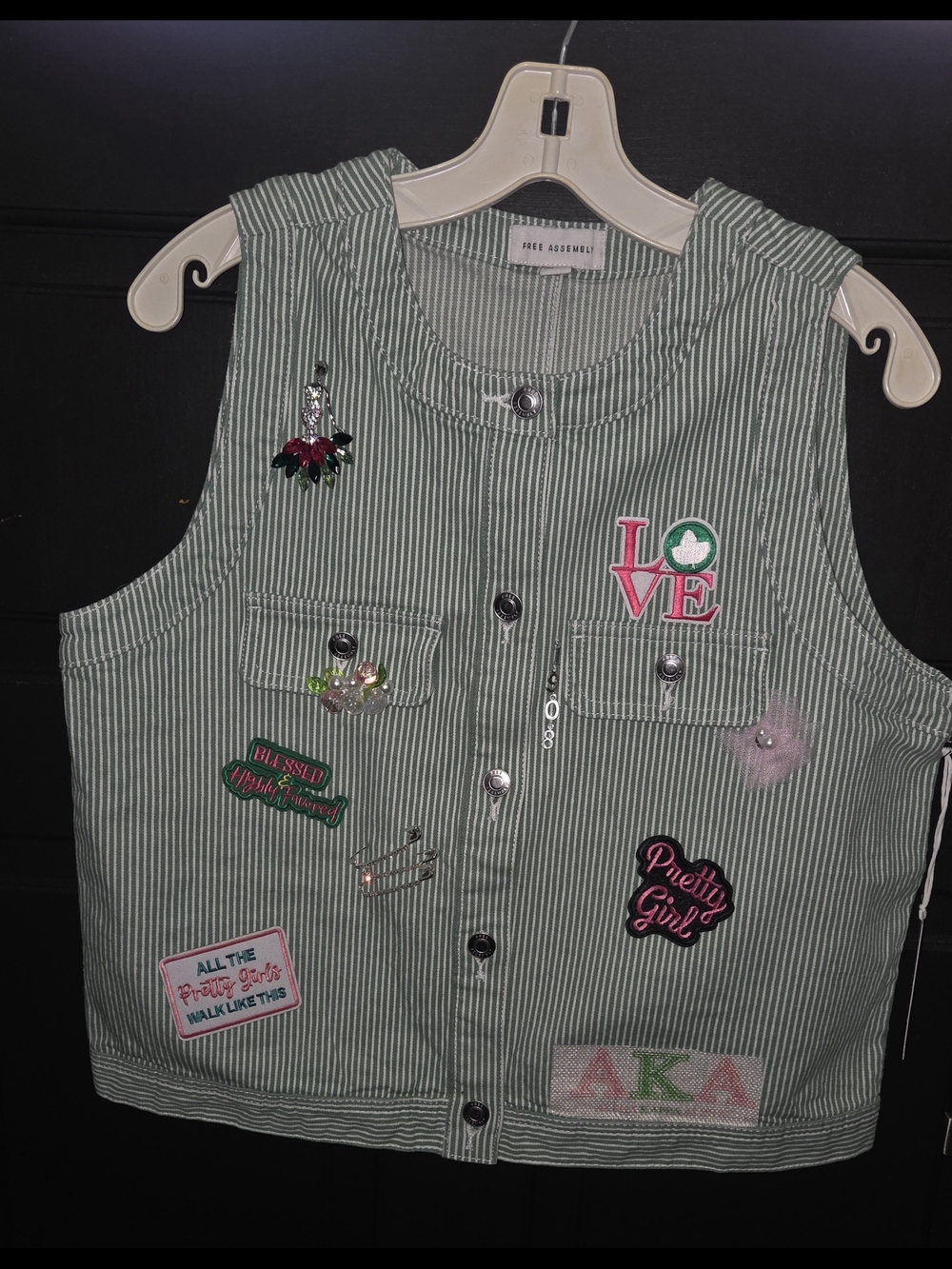 A.K.A.-Inspired Green/White Pinstriped  Vest with Patches